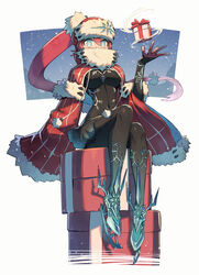  black_bodysuit blue_eyes bodysuit box breasts christmas coat commentary covered_navel female full_body fur-trimmed_coat fur-trimmed_headwear fur_trim gift gift_box gradient_hair hair_between_eyes hat highres ice_skates kuroi_susumu long_hair looking_at_viewer medium_breasts multicolored_hair original pink_hair ponytail red_coat red_hair red_hat simple_background sitting skates snowing solo white_background 