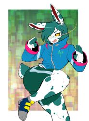  5_fingers action_pose alpha_channel anthro biped bottomwear clothed clothing eyebrows female fingers footwear freckles green_hair hair hi_res lagomorph leporid mammal munkeesgomu open_mouth pose rabbit scut_tail shoes short_tail shorts solo tail 