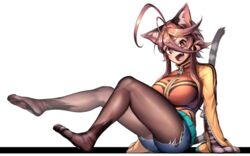  ahoge animal animal_ears animal_hands black_pantyhose breasts brown_hair cat_ears cat_girl cat_tail commentary_request cutoffs denim denim_shorts female full_body grey_fur hair_between_eyes large_breasts long_hair looking_at_viewer oerba_yun_fang open_mouth original pantyhose red_eyes short_shorts shorts simple_background sitting smile solo tail tongue white_background yagatake_arashi_(nekoarashi) yana_(nekoarashi) 