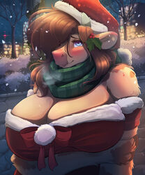  5:6 absurd_res anthro ardail arm_under_breasts big_breasts blue_eyes bovid bovine breasts brown_hair cattle christmas christmas_clothing christmas_headwear city cleavage clothed clothing eyelashes female fur hair hair_over_eye hat headgear headwear hi_res holidays holly_(plant) hooved_hands horn looking_at_viewer mammal mocha_latte night one_eye_obstructed pink_nose plant santa_hat scarf sky snow snowing solo tan_body tan_fur 