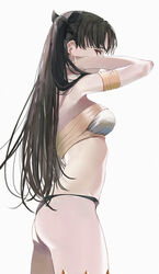  armlet bare_shoulders bikini black_hair breasts earrings fate/grand_order fate_(series) female gold_trim hair_ribbon highres hoop_earrings ishtar_(fate) jewelry long_hair looking_at_viewer medium_breasts mismatched_bikini parted_bangs red_eyes ribbon ryudraw solo swimsuit thighs two_side_up 