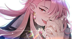  1boy :p androgynous aster_(nu_carnival) bishounen black_nails blood blood_on_hands cross cross_earrings dt.calico earrings fangs fingernails gem hair_over_one_eye hand_on_another&#039;s_cheek hand_on_another&#039;s_face highres holding_hands jewelry licking licking_hand long_hair looking_at_viewer male_focus nu_carnival official_alternate_hair_length official_alternate_hairstyle open_mouth pink_gemstone pink_hair pointy_ears pov pov_hands red_eyes sharp_fingernails smile solo tongue tongue_out upper_body vampire 