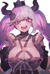  :d ? absurdres black_crown_(game) black_horns breasts clenched_hands closed_mouth collarbone crown female flower hair_flower hair_ornament hands_up highres horns large_breasts master_detective_archives:_rain_code pink_hair purple_eyes shinigami_(rain_code) shiny_skin simple_background smile solo su_7_meri sweat teeth white_background 