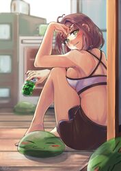  :3 absurdres ahoge arm_rest barefoot beer_can breasts brown_hair can commentary dolphin_shorts drink_can english_commentary female full_body green_eyes hair_ornament hand_up highres holding holding_can indie_virtual_youtuber indoors knee_up legs light_smile looking_at_viewer looking_to_the_side medium_breasts medium_hair midriff miori_celesta miori_celesta_(6th_costume) mogu_(miori_celesta) musical_note musical_note_hair_ornament on_floor oven parted_lips refrigerator ryushi shorts sitting slime_(creature) sports_bra star_(symbol) star_in_eye sweat symbol_in_eye toaster trample treble_clef virtual_youtuber white_sports_bra wooden_floor 