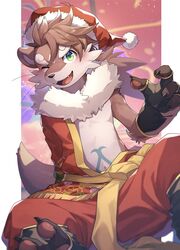  1boy animal_ears blush claws commentary_request fingerless_gloves furry furry_male gloves green_eyes hat highres looking_at_viewer male_focus navel oerba_yun_fang one_eye_closed open_mouth otter_(housamo) otter_boy otter_ears otter_tail partially_undressed pawpads ponzu_tas santa_hat smile tail tokyo_afterschool_summoners whiskers 