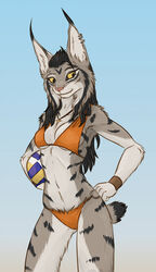  absurd_res anthro ball bikini clothing ear_piercing ear_ring felid feline female hi_res lynx mammal mira_(spectronic) piercing ring_piercing solo spectronic swimwear 