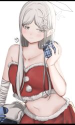  absurdres bandaged_arm bandages blue_archive blush box closed_mouth collarbone colored_eyelashes female gift gift_box grey_eyes grey_hair hair_ornament halo highres holding holding_gift long_hair nagusa_(blue_archive) navel pom_pom_(clothes) santa_costume simple_background solo tounooji_(akiomeromisa) white_background 