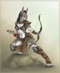  4_toes anthro arrow_(weapon) bow_(weapon) breasts cleavage clothed clothing ear_piercing ear_ring feet felid feline female hi_res lynx mammal midriff mira_(spectronic) piercing pose ranged_weapon ring_piercing s00t solo toes tribal weapon 