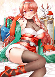  ass belt black_belt black_thighhighs breasts christmas commentary dress earrings elbow_gloves feather_earrings feathers female fur-trimmed_dress fur_trim gift gloves goat hairband heart high_heels jewelry kantai_collection large_breasts long_hair looking_at_viewer md5_mismatch nevada_(kancolle) open_mouth red_eyes red_footwear red_gloves red_hair rui_shi_(rayze_ray) santa_dress short_dress sleeveless sleeveless_dress solo thighhighs very_long_hair 