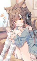  animal_ear_fluff animal_ears ass blue_jacket blush brown_hair cat_ears cat_girl cat_tail closed_mouth collarbone commentary_request cup dress fang_out feet_out_of_frame female frilled_dress frills hair_bun highres holding holding_cup hoshi_(snacherubi) indoors jacket knees_up long_hair looking_at_viewer mug no_shoes oerba_yun_fang off_shoulder open_clothes open_jacket original panties single_side_bun sitting sleeveless sleeveless_dress smile socks solo striped_clothes striped_socks sunlight tail underwear very_long_hair white_dress white_panties window yellow_eyes 