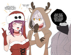  3girls animal_costume bare_shoulders breasts brown_gloves choker closed_eyes collarbone english_text eyewear_on_head gloves grey_hair hat highres hinagi_(fox_priest) honkai:_star_rail honkai_(series) jitome kafka_(honkai:_star_rail) long_hair looking_at_another multiple_girls open_mouth pince-nez pointing pointing_up ponytail purple_hair red_choker red_gloves reindeer_costume santa_costume santa_hat sidelocks silver_wolf_(honkai:_star_rail) stelle_(honkai:_star_rail) strapless sunglasses trailblazer_(honkai:_star_rail) yellow_eyes 