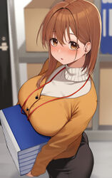  absurdres asymmetrical_hair black_skirt blurry blurry_background blush book breast_rest breasts brown_eyes brown_hair cardigan carried_breast_rest carrying commentary_request depth_of_field earrings female highres holding holding_book indoors jewelry lanyard large_breasts long_sleeves looking_at_viewer mole mole_under_eye office_lady ol-chan_(udon) open_mouth original skirt solo sweater turtleneck turtleneck_sweater udon_(udonalium) white_sweater yellow_cardigan 