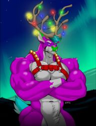  abs absurd_res anthro antlers aurora_(phenomenon) bell bell_harness biceps blue_eyes blue_hair blue_tail cervine chest_harness christmas christmas_lights crossed_arms deer digital_media_(artwork) ear_piercing ear_ring eyebrows fuchsia_fur fur green_nose hair harness hi_res holidays horn jingle_bell jingle_bell_harness male mammal mask muscular muscular_anthro muscular_male new_world_deer night nude outside pecs piercing purple_body purple_fur red_harness reindeer ring_piercing rooccoon rooccoon_(artist) serious_face sky solo standing star starry_sky tail vexedlupine white_body white_eyebrows white_fur winter 