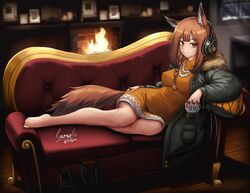  absurdres animal_ear_fluff animal_ears arknights bare_legs barefoot bead_necklace beads black_footwear black_jacket boots braid breasts brown_eyes brown_hair couch covered_nipples dress female fur_collar hagane_ryusuke hand_on_own_hip headphones highres holding implied_extra_ears jacket jewelry long_hair long_sleeves looking_at_viewer lying medium_breasts necklace night on_couch on_side open_clothes open_jacket orange_dress parted_lips picture_frame ratatos_browntail_(arknights) snow_globe solo squirrel_ears squirrel_girl squirrel_tail tail unworn_boots window 