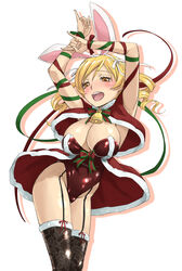  animal_ears armpits arms_up bell black_thighhighs blonde_hair blush breasts capelet christmas cleavage drill_hair fake_animal_ears female fur_trim garter_straps green_ribbons highleg highleg_leotard highres large_breasts leotard long_hair looking_at_viewer mahou_shoujo_madoka_magica mahou_shoujo_madoka_magica_(anime) open_mouth playboy_bunny rabbit_ears red_leotard red_ribbon ribbon santa_costume simple_background smile solo strapless strapless_leotard thighhighs tomoe_mami twin_drills twintails white_background yellow_eyes you2 