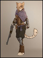  anthro clothing felid female gun hi_res holding_object holding_weapon leopard mammal pantherine poncho ranged_weapon riza_(spectronic) solo spectronic weapon 