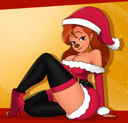  2023 abstract_background absurd_res anthro bare_shoulders bell belt big_breasts boots breasts brown_nose canid canine canis choker christmas christmas_clothing christmas_headwear clothing disney domestic_dog dress ear_piercing eyebrows eyelashes female footwear goof_troop hair hat headgear headwear hi_res high_heeled_boots high_heels holidays jewelry legwear lipstick long_hair looking_at_viewer makeup mammal necklace piercing red_clothing red_dress red_hair roxanne_(goof_troop) santa_dress santa_hat shoes smile solo sonson-sensei stockings strapless_clothing strapless_dress thick_thighs thigh_highs 