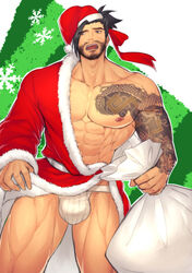  1boy abs alternate_costume arm_tattoo bara bare_pectorals beard beard_stubble black_hair christmas facial_hair feet_out_of_frame full_beard hanzo_(overwatch) hat highres hunterkay large_pectorals male_focus mature_male muscular muscular_male nipples overwatch overwatch_1 pectorals red_hat sack santa_costume santa_hat short_hair shy solo standing stomach stubble tattoo textless_version thick_eyebrows thick_thighs thighs 