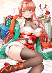  ass belt black_belt black_thighhighs breasts christmas commentary dress earrings elbow_gloves feather_earrings feathers female fur-trimmed_dress fur_trim gift gloves goat hairband heart high_heels jewelry kantai_collection large_breasts long_hair looking_at_viewer md5_mismatch nevada_(kancolle) open_mouth red_eyes red_footwear red_gloves red_hair revision rui_shi_(rayze_ray) santa_dress short_dress sleeveless sleeveless_dress solo thighhighs very_long_hair 