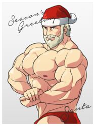  1boy bara beard briefs christmas cropped_legs english_text facial_hair flexing flexing_pectorals full_beard hat highres large_pectorals looking_at_viewer male_focus male_underwear mature_male muscular muscular_male nipples original own_hands_together pectorals red_hat red_male_underwear santa_claus santa_hat short_hair side_chest_pose smile solo thick_beard thick_eyebrows topless_male underwear zephleit 