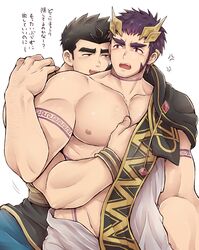  2boys absurdres adamus_(crave_saga) anger_vein arm_tattoo bara bare_pectorals black_hair blush brown_eyes crave_saga grabbing half-closed_eyes higemaccho highres hug hug_from_behind large_hands looking_at_another male_focus multiple_boys muscular muscular_male neck_tattoo nipples open_mouth pectoral_grab pectorals protagonist_(crave_saga) purple_eyes purple_hair short_hair simple_background sparse_chest_hair tattoo thick_eyebrows translated white_background yaoi 