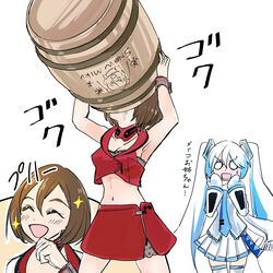  2girls arms_up barrel black_bra blue_hair blue_necktie bra brown_hair closed_eyes collar commentary cropped_jacket drinking grey_shirt hair_ornament harumaron_123 hatsune_miku holding_barrel jacket light_blue_hair long_hair looking_at_another meiko_(vocaloid) meiko_(vocaloid3) midriff miniskirt mittens multiple_girls navel necktie o_o open_mouth pleated_skirt red_collar red_jacket red_skirt scarf shirt short_hair skirt sleeveless sleeveless_jacket smile snowflake_print sparkling_aura sweat thighhighs translated twintails underwear v-shaped_eyebrows very_long_hair vocaloid white_background white_mittens white_scarf white_skirt wiping_mouth yuki_miku yuki_miku_(2011) zettai_ryouiki zipper_skirt 