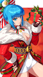  belt blue_eyes blue_hair bow bow_choker box breasts capelet christmas cleavage cleavage_cutout clothing_cutout crop_top female fur-trimmed_capelet fur_trim gift gift_box gloves hairbow highres large_breasts leona_heidern long_hair looking_at_viewer merry_christmas ponytail santa_costume shorts smile solo tank_top the_king_of_fighters the_king_of_fighters_all-stars yagi2013 