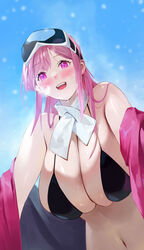  bare_shoulders bikini black_bikini blue_archive blue_sky breasts commentary day eimi_(blue_archive) eimi_(swimsuit)_(blue_archive) english_commentary female from_below goggles goggles_on_head hanging_breasts heavy_breathing highres huge_breasts jacket long_hair looking_at_viewer midfinger navel official_alternate_costume open_clothes open_jacket open_mouth outdoors pink_eyes pink_hair pink_jacket scarf ski_goggles skindentation sky snowing solo sweat swimsuit teeth upper_body upper_teeth_only white_scarf 