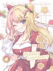  blonde_hair blue_eyes breasts cleavage dress female fingernails grin hair_bun hair_ornament hat highres kotoka_torahime lightning_bolt_hair_ornament lightning_bolt_symbol long_fingernails long_hair merry_christmas mini_hat multicolored_hair nijisanji nijisanji_en one_eye_closed pink_hair red_dress red_hat red_nails santa_hat single_side_bun smile solo split-color_hair virtual_youtuber wanmofu x_hair_ornament 