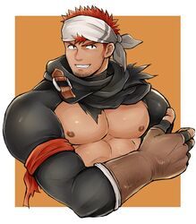  1boy abs absurdres bandana_around_arm bara bare_pectorals beard_stubble brown_gloves clothing_cutout crave_saga dark-skinned_male dark_skin facial_hair gloves grin headband higemaccho highres looking_at_viewer male_focus nipples orange_background orange_hair pectorals short_hair smile solo stubble thumbs_up v-shaped_eyebrows zagsia_(crave_saga) 