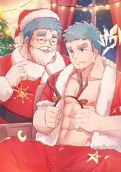  2boys alternate_costume animal_costume bara bare_pectorals blush brothers christmas christmas_tree crave_saga fake_beard fake_facial_hair feet_out_of_frame glasses hat highres huge_eyebrows indoors jeffrey_(crave_saga) jeron_(crave_saga) large_pectorals light_blush male_focus mature_male multiple_boys navel nipples pectorals plump poteto02888292 red_headwear reindeer_costume round_eyewear santa_costume santa_hat short_hair siblings smile snowflakes spread_legs toned toned_male 