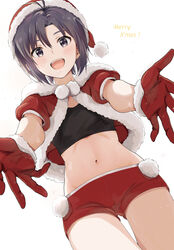  antenna_hair black_eyes black_hair black_shirt commentary_request crop_top dutch_angle female fur-trimmed_gloves fur-trimmed_jacket fur-trimmed_sleeves fur_trim gloves hat idolmaster idolmaster_(classic) jacket kikuchi_makoto light_blush looking_at_viewer merry_christmas midriff mogskg navel open_mouth pom_pom_(clothes) puffy_short_sleeves puffy_sleeves red_gloves red_hat red_jacket red_shorts santa_costume santa_hat shirt short_hair short_shorts short_sleeves shorts sidelocks simple_background smile solo teeth thighs upper_teeth_only white_background 