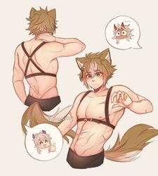  1boy animal_ears anyanary arataki_itto back black_pants blush brown_hair closed_mouth dog_boy dog_ears genshin_impact gorou_(genshin_impact) grey_eyes hair_ornament highres male_focus multicolored_hair navel nipples pants sangonomiya_kokomi scar stomach streaked_hair tail topless_male white_hair 