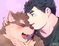  anthro blush canid canine canis chubby_protagonist_(tas) domestic_dog duo eyebrows fur grey_body grey_fur heart_symbol hi_res hijirinoyuta hug human lifewonders male male/male mammal moritaka_(tas) protagonist_(tas) romantic romantic_couple scar thick_eyebrows tokyo_afterschool_summoners 