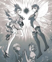  2boys 2girls amanozako_(megami_tensei) androgynous crossed_arms demi-fiend fairy fairy_wings floating full-body_tattoo glaring greyscale highres in-franchise_crossover japanese_clothes kiriko_(42g8ak3107) leotard mini_person minigirl monochrome multiple_boys multiple_girls okobo open_mouth pixie_(megami_tensei) pointy_ears protagonist_(smtv) sandals shin_megami_tensei shin_megami_tensei_iii:_nocturne shin_megami_tensei_v short_hair sweatdrop tattoo thighhighs very_short_hair wings 