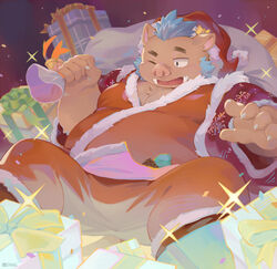  2023 anthro belly bottomwear christmas christmas_clothing christmas_headwear clothing costume ganglie_(tas) gift hat headgear headwear hi_res holidays kemono lifewonders male mammal overweight overweight_male pants santa_claus santa_costume santa_hat seamonsterping solo suid suina sus_(pig) tokyo_afterschool_summoners wild_boar 