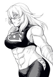  abs ass bandaged_arm bandages breasts female greyscale groin hand_on_own_chin haruka_yamaoka large_breasts long_hair looking_at_viewer monochrome muscular muscular_female piroya_(shabushabu) shy thick_thighs thighs tight_clothes undead_unluck white_background 