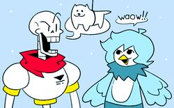  annoying_dog_(undertale) anthro avian beak bird blue_hair bone canid canine canis dialogue domestic_dog duo feathers female feral fur hair male mammal martlet_(undertale_yellow) neck_tuft papyrus_(undertale) scarf skeleton tail teeth tuft undertale undertale_(series) undertale_yellow white_body white_fur wings zepiereite 