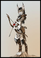  anthro arrow_(weapon) bow_(weapon) ear_piercing ear_ring felid feline female hi_res lynx mammal mira_(spectronic) piercing pose ranged_weapon ring_piercing solo spectronic tribal weapon 