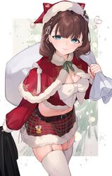  blue_eyes blush breasts brown_hair capelet christmas cleavage female fur-trimmed_capelet fur-trimmed_skirt fur-trimmed_sleeves fur_trim garter_straps green_ribbons hair_ribbon hat highres idolmaster idolmaster_cinderella_girls koyo_akio looking_at_viewer medium_breasts navel red_capelet red_hat red_shirt red_skirt ribbon sack sakuma_mayu santa_costume santa_hat shirt short_hair skirt smile solo stomach thighhighs thighs white_garter_straps white_ribbon white_thighhighs zettai_ryouiki 