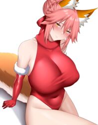  animal_ear_fluff animal_ears arind_yudha bare_shoulders braid breasts covered_navel elbow_gloves fate/extra fate_(series) female fox_ears fox_girl fox_tail french_braid gloves hair_between_eyes hair_bun highleg highleg_leotard highres large_breasts leotard long_hair looking_at_viewer pink_hair red_gloves red_leotard sidelocks single_hair_bun sitting smile solo stretch_action tail tamamo_(fate) tamamo_no_mae_(fate/extra) yellow_eyes 