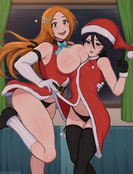  2girls afrobull asymmetrical_docking bare_shoulders belt black_belt black_footwear black_gloves black_hair black_panties black_thighhighs bleach blue_ribbon bouncing_breasts breast_press breasts brown_eyes christmas clothes_lift commentary curtains double_v dress dress_lift elbow_gloves english_commentary floating_hair fur-trimmed_dress fur-trimmed_gloves fur-trimmed_headwear fur_trim furrowed_brow glint gloves hair_between_eyes hair_ornament hat heart height_difference highres indoors inoue_orihime kneehighs kuchiki_rukia large_breasts leaning_forward lifting_another&#039;s_clothes loafers long_hair looking_at_breasts looking_at_viewer motion_lines multiple_girls neck_ribbon night open_mouth orange_hair panties patreon_username pom_pom_(clothes) red_dress red_headwear ribbon santa_costume santa_dress santa_hat shoes small_breasts smile socks standing standing_on_one_leg teeth thigh_gap thighhighs thighs underwear upper_teeth_only v web_address white_gloves white_socks window 