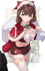  blush breasts brown_hair capelet cleavage fake_horns female fur-trimmed_capelet fur-trimmed_shirt fur-trimmed_skirt fur_trim garter_straps hat heart highres holding holding_sack horned_headwear horns idolmaster idolmaster_cinderella_girls koyo_akio long_sleeves looking_at_viewer medium_breasts midriff miniskirt navel plaid plaid_skirt sack sakuma_mayu santa_costume santa_hat shirt skindentation skirt smile solo stomach thighhighs white_garter_straps white_thighhighs 