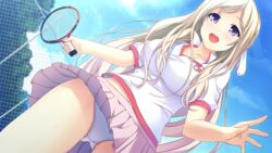  blonde_hair blush breasts chain-link_fence collared_shirt day female fence game_cg holding holding_racket large_breasts long_hair making_lover naruse_saki non-web_source official_art open_mouth panties pink_skirt pleated_skirt puffy_short_sleeves puffy_sleeves purple_eyes racket shirt short_sleeves skirt smile sportswear sweat taniyama-san tennis_racket tennis_uniform underwear upskirt very_long_hair white_panties wind wind_lift 