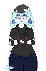  anthro beanie black_clothing blue_body blue_fur bow_(feature) breasts celeste_(lewdyblueberry) clothing ears_down eeveelution epic_games eyewear female fortnite fur generation_6_pokemon glasses hair hands_under_breasts hat headgear headwear hi_res hoodie lewdyblueberry meow_skulls_(fortnite) nintendo open_mouth pattern_clothing pin_button pivoted_ears pokemon pokemon_(species) solo striped_clothing stripes sylveon tail topwear trans_(lore) white_body white_fur 