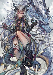  absurdres armor breasts chinese_zodiac claws cleavage_cutout clothing_cutout dragon dragon_horns eastern_dragon female floating_hair gauntlets grey_hair happy_new_year highres horns leg_up long_hair original purple_eyes sabamiso_taro shoulder_armor sideboob sidelocks single_thighhigh thighhighs underboob year_of_the_dragon 