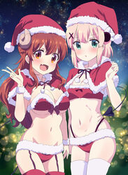  2girls alternate_costume blunt_bangs blush bow bra breasts brown_eyes brown_hair capelet chiyoda_momo christmas cleavage commentary cowboy_shot curled_horns curvy demon_girl demon_horns demon_tail fur-trimmed_capelet fur_trim garter_straps green_eyes hair_between_eyes hair_ornament hand_up happy hat highres horns large_breasts long_hair looking_at_viewer machikado_mazoku medium_hair mukaibi_aoi multiple_girls navel night oerba_yun_fang open_mouth outdoors panties parted_lips pink_hair pom_pom_(clothes) purple_bow red_bra red_panties santa_capelet santa_costume santa_hat scar scar_on_stomach shy side-by-side skin_fang small_breasts smile sparkle standing stomach straight_hair tail tareme thighhighs underwear very_long_hair w wavy_hair white_thighhighs white_wrist_cuffs wrist_cuffs x_hair_ornament yoshida_yuuko_(machikado_mazoku) 