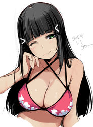  bikini birthday black_hair blunt_bangs blush breasts cleavage commentary dated female gengoroh green_eyes hair_ornament highres hime_cut kurosawa_dia large_breasts long_hair looking_at_viewer love_live! love_live!_sunshine!! mole mole_under_mouth multi-strapped_bikini_top one_eye_closed red_bikini smile solo swimsuit upper_body white_background 