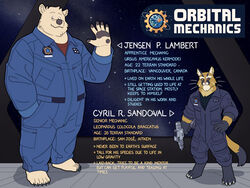  4:3 absurd_res american_black_bear anthro barefoot bear black_bear black_body black_clothing black_fur black_shirt black_topwear brown_eyes character_name cheek_tuft clothing coveralls detailed_background digitigrade duo english_text facial_tuft feet felid feline flight_suit fur gesture hand_on_hip head_tuft hi_res holding_object holding_tool humanoid_hands jumpsuit kermode_bear leopardus logo male mammal muscular muscular_male overweight overweight_male pampas_cat pawpads plantigrade pupils quasarbearcat red_clothing red_shirt red_topwear shirt size_difference slit_pupils space star tail text tools topwear tuft ursine waving waving_at_viewer whiskers white_body white_fur yellow_body yellow_eyes yellow_fur 