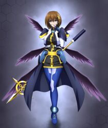  absurdres arm_behind_back blue_eyes bright_pupils brown_hair commission evil_grin evil_smile eyebrows_hidden_by_hair female full_body gloves grin hair_between_eyes hair_ornament highres hip_armor long_sleeves looking_at_viewer lyrical_nanoha mahou_shoujo_lyrical_nanoha_strikers multiple_wings numbers&#039;_uniform oshimaru026 pixiv_commission puffy_sleeves schwertkreuz short_hair skirt smile solo staff waist_cape white_pupils wings x_hair_ornament yagami_hayate 